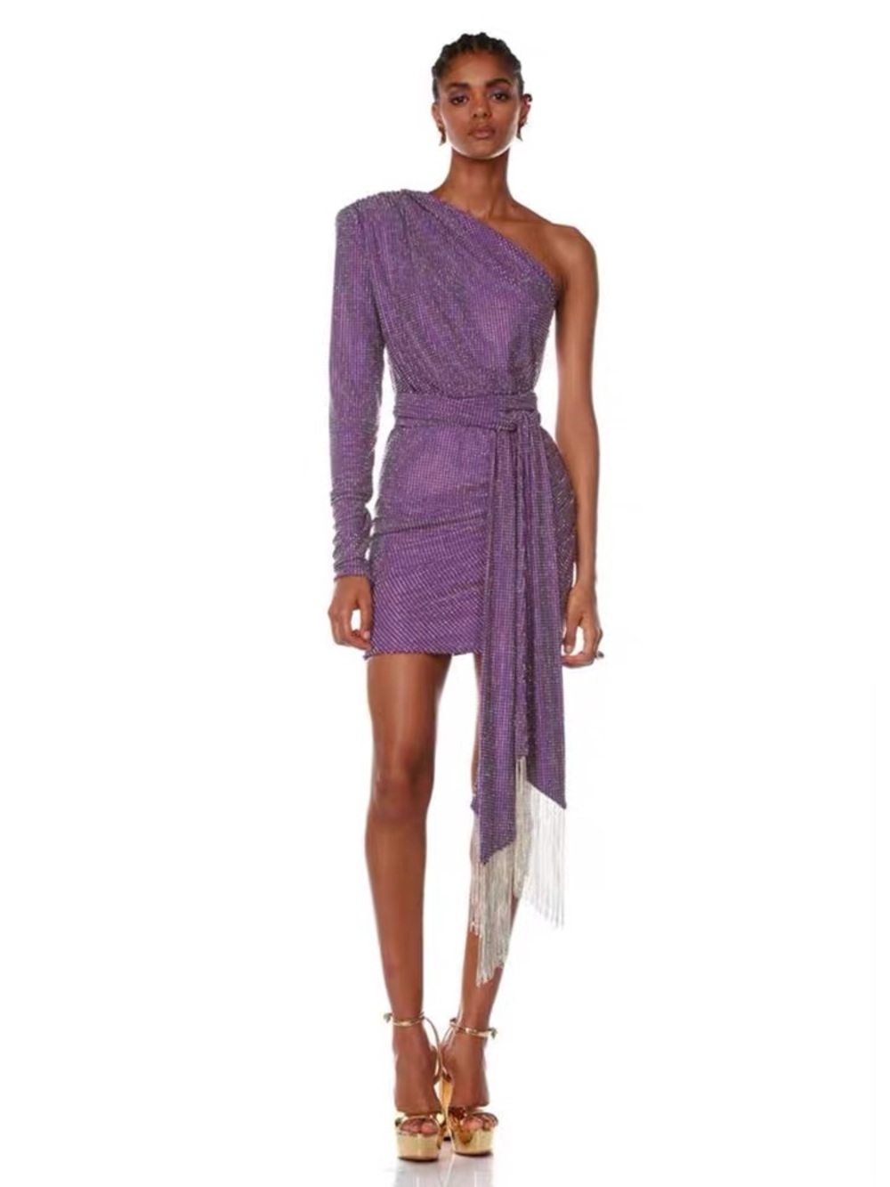 Bronx & Banco Starlight Purple Crystal Fringe One Shoulder Mini Dress L NWOT